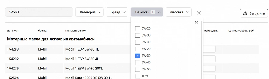 Пример выбора товара по классу вязкости. Выбор может происходить по неограниченному количеству признаков указанных в меню фильтра.